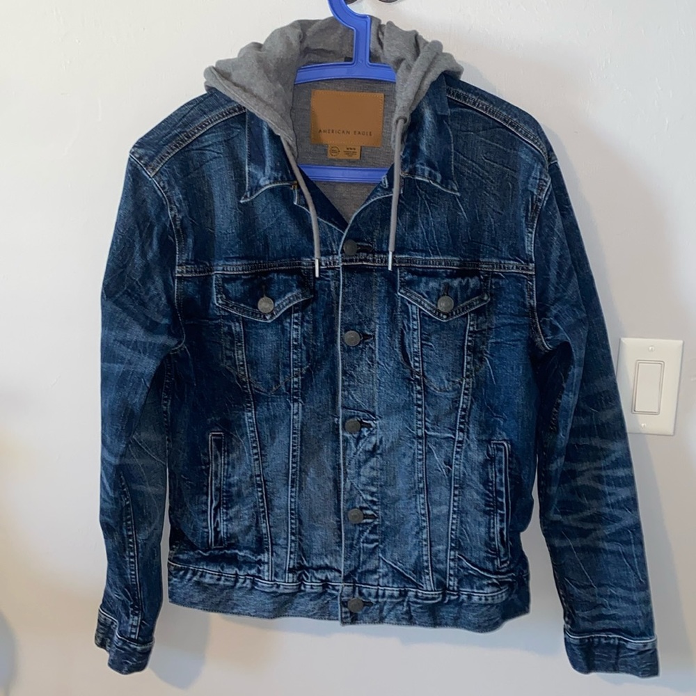 American Eagle Mens Medium Denim Button-Up Jacket With Hoodie Attached